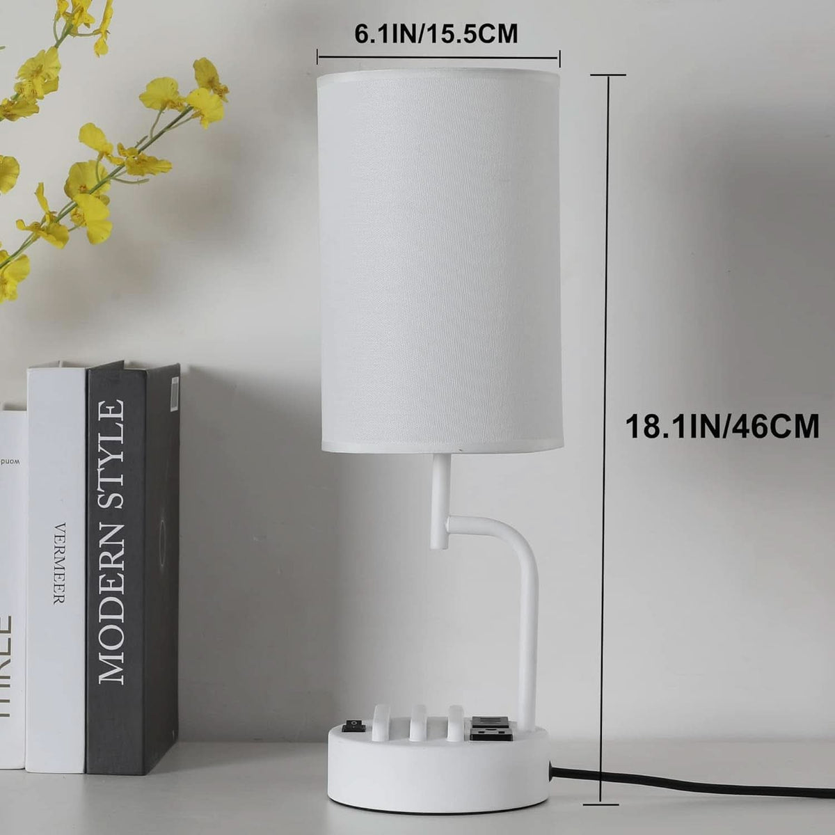 Table Lamp With 3 USB Ports White Finish For Home Office