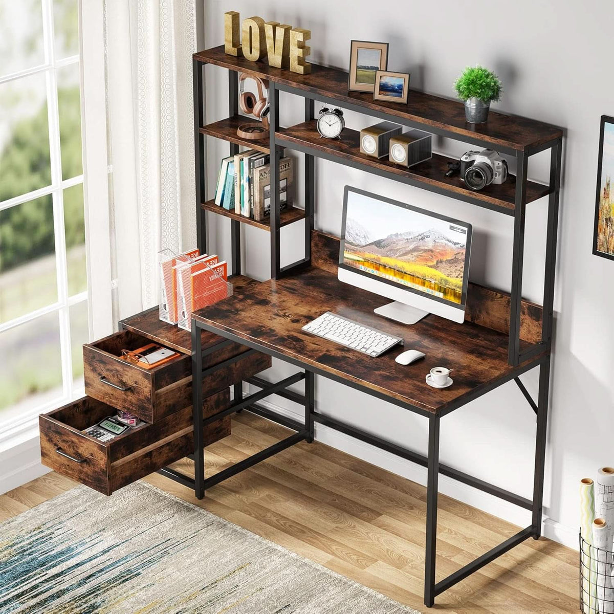 55 Inch Rustic Brown Computer Desk With Drawers And Shelves