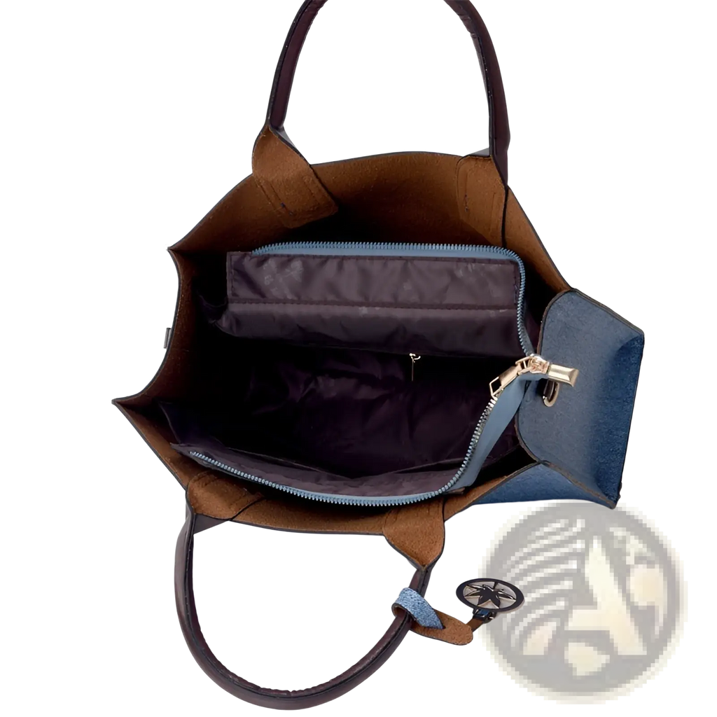 Denim and Leather Three Piece Multi Compartment Handbag Set