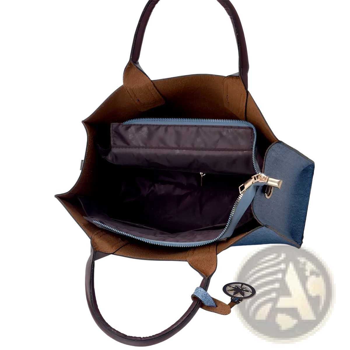 Denim and Leather Three Piece Multi Compartment Handbag Set