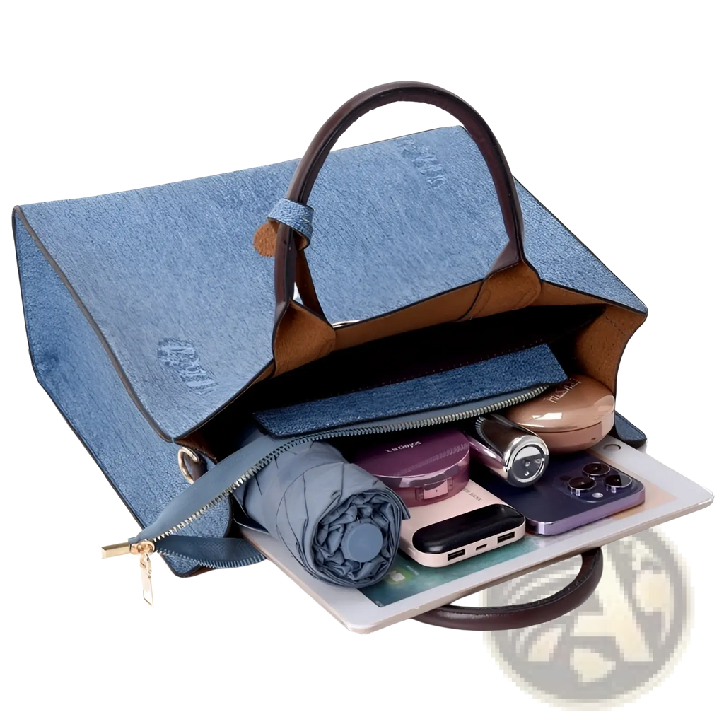 Denim and Leather Three Piece Multi Compartment Handbag Set