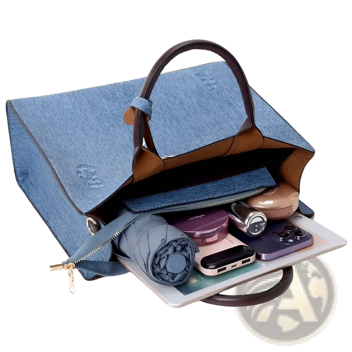 Denim and Leather Three Piece Multi Compartment Handbag Set