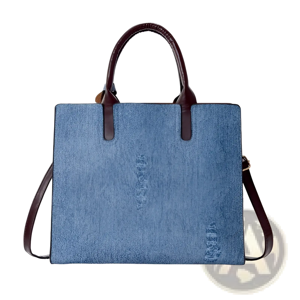 Denim and Leather Three Piece Multi Compartment Handbag Set