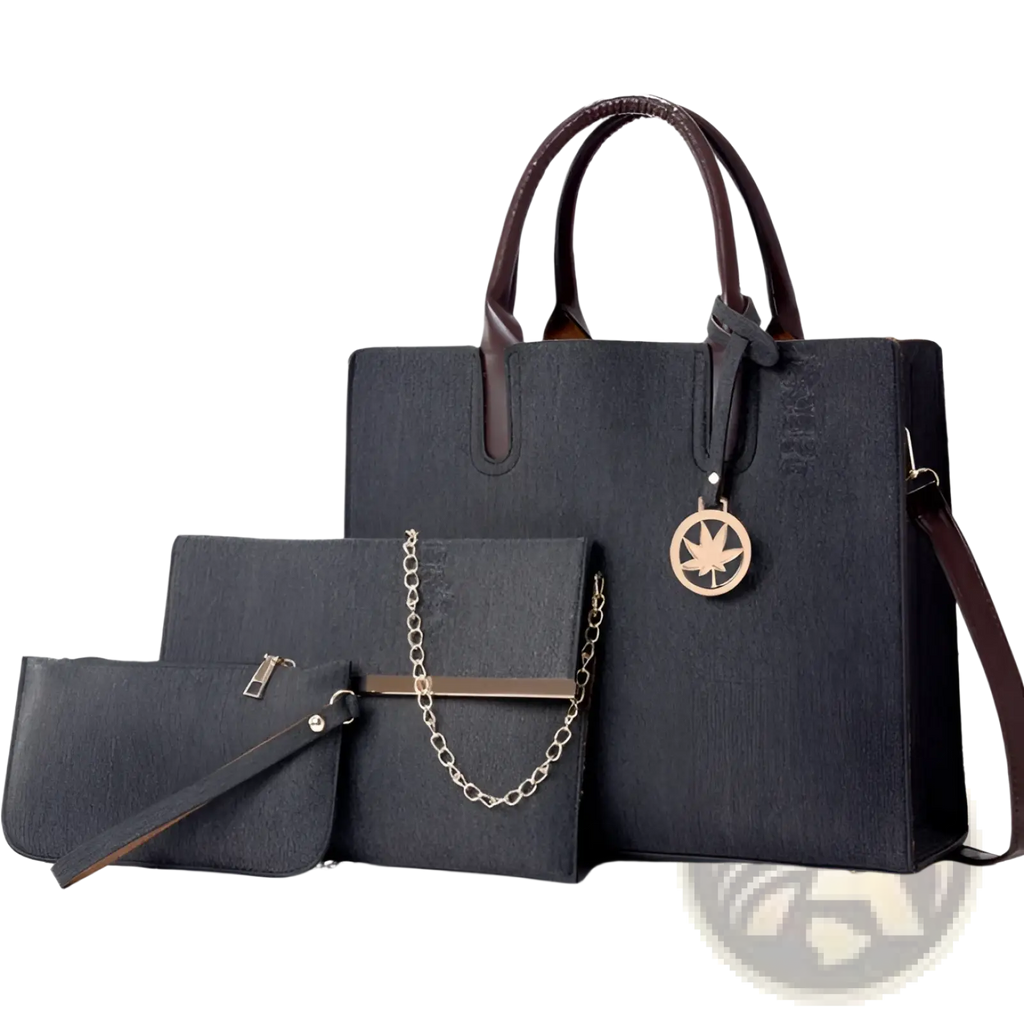 Denim and Leather Three Piece Multi Compartment Handbag Set