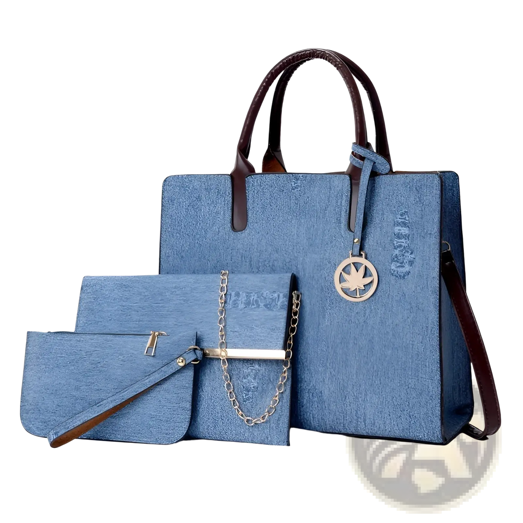 Denim and Leather Three Piece Multi Compartment Handbag Set