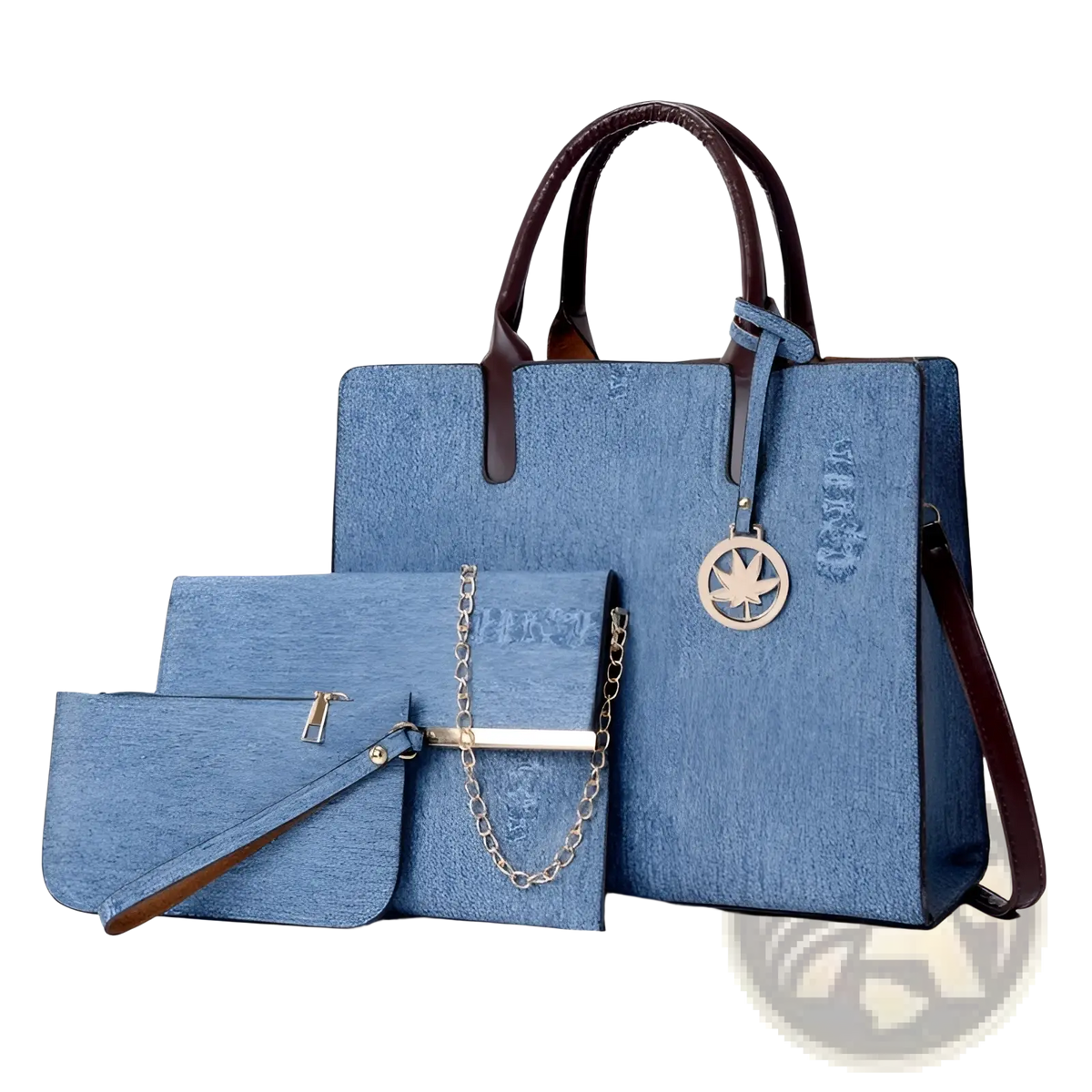 Denim and Leather Three Piece Multi Compartment Handbag Set
