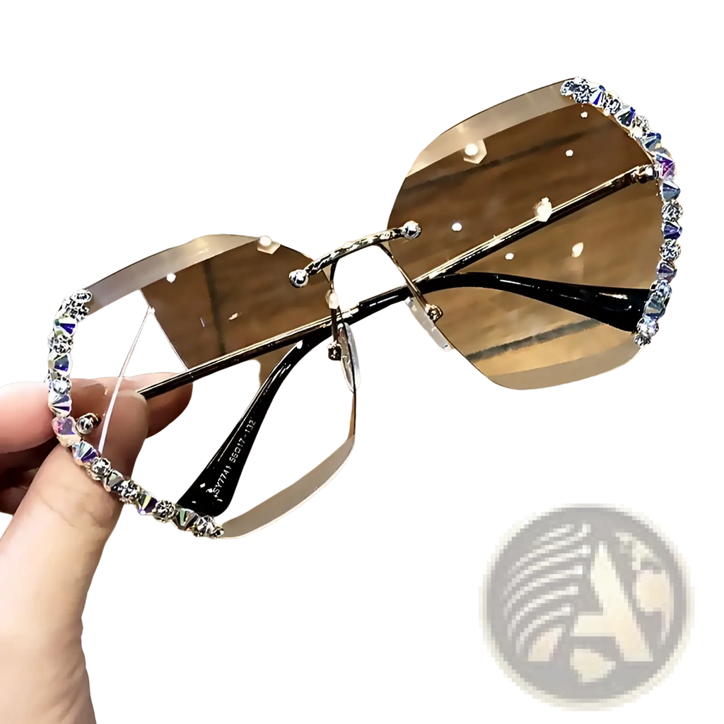Diamond Studded Rimless Polygonal Gradient Sunglasses