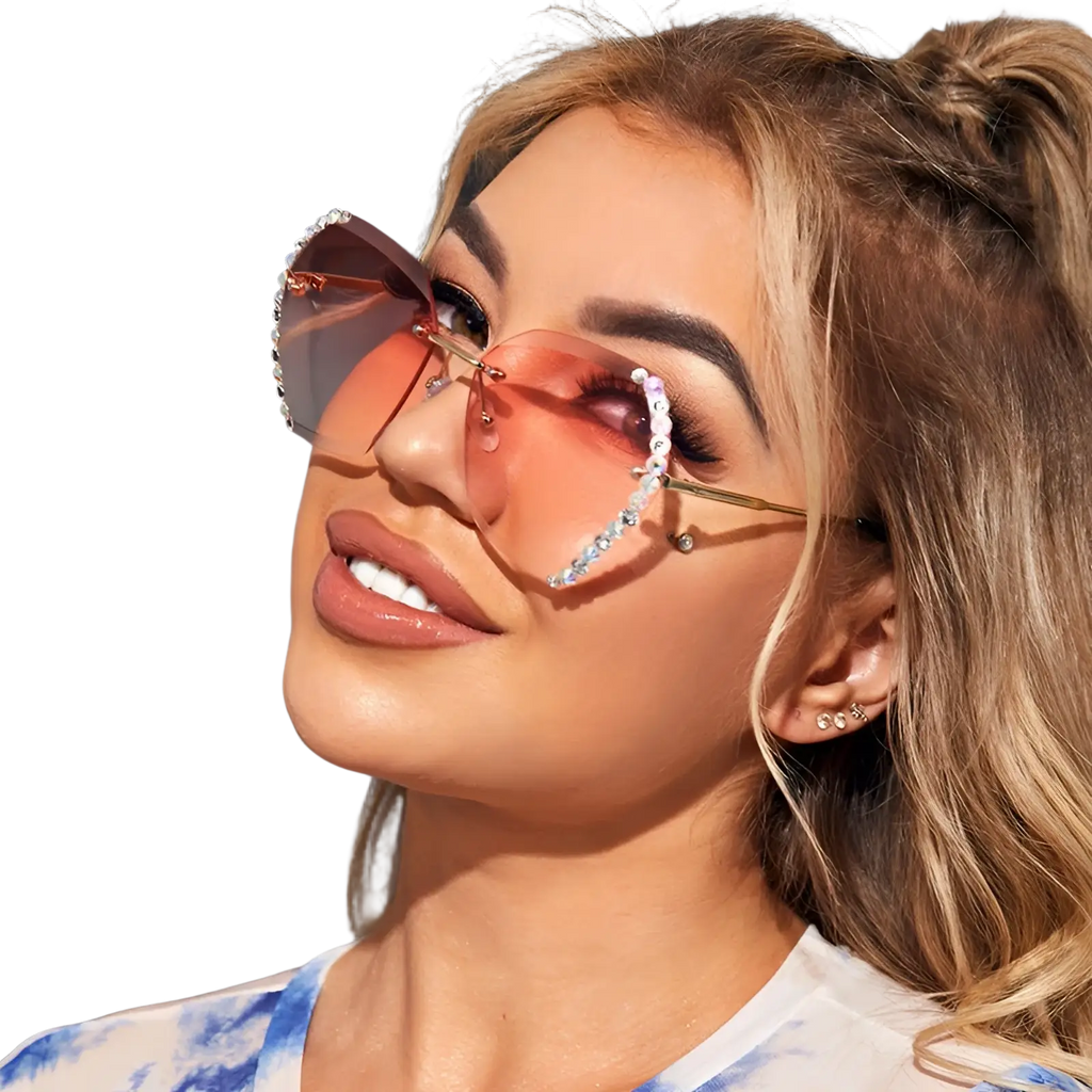 Diamond Studded Rimless Polygonal Gradient Sunglasses