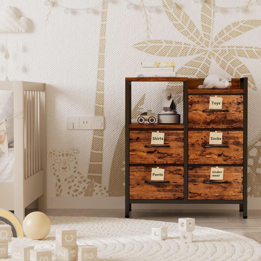 5 Drawer Rustic Brown Dresser With Metal Frame For Bedroom