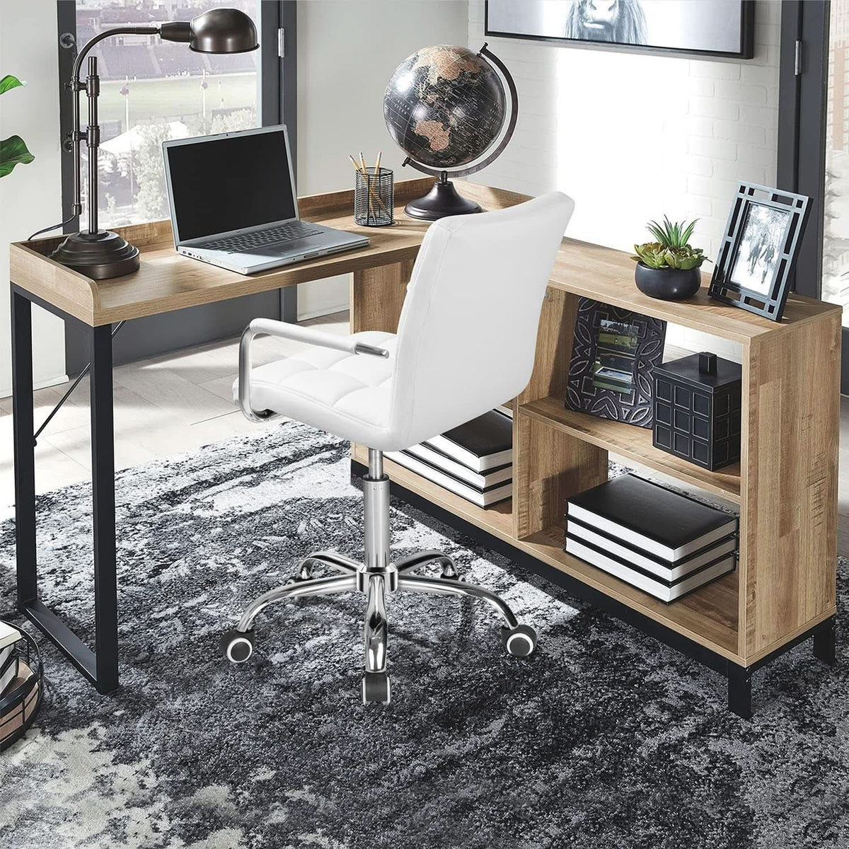 White Mid Back Office Task Chair With Adjustable Height And 360 Degree Swivel