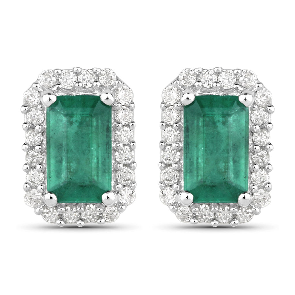 0.91 Carat Genuine Zambian Emerald and White Diamond 14K White Gold Earrings