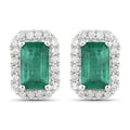 0.91 Carat Genuine Zambian Emerald and White Diamond 14K White Gold Earrings