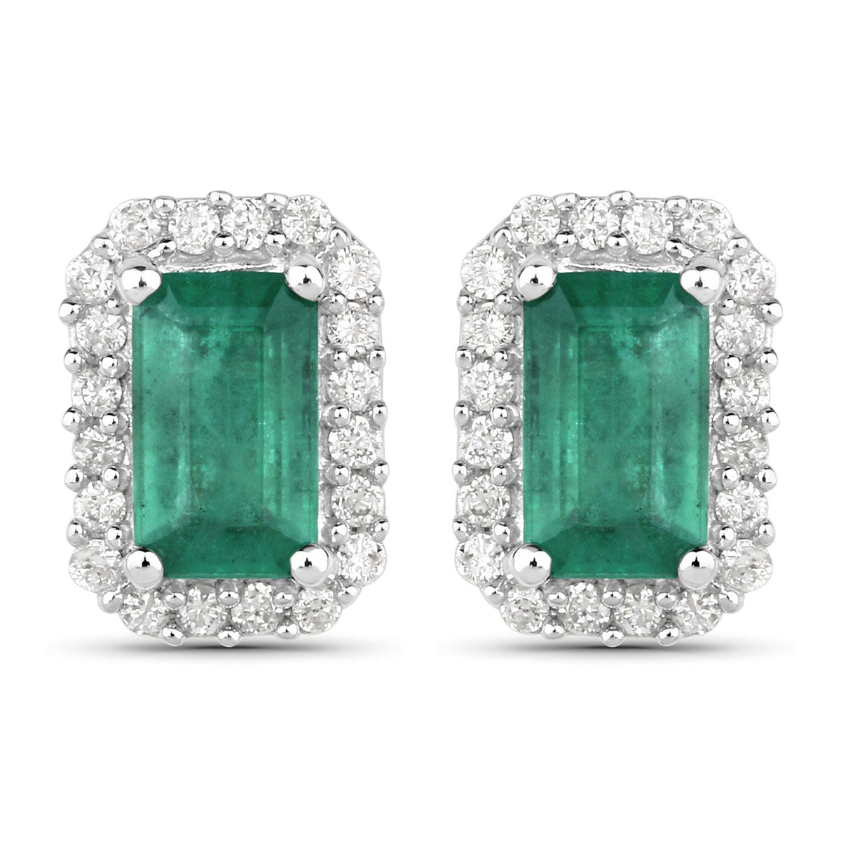 0.91 Carat Genuine Zambian Emerald and White Diamond 14K White Gold Earrings