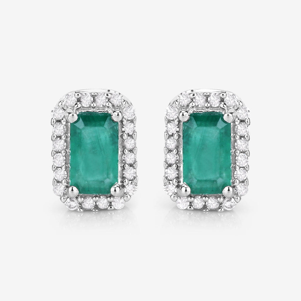 0.91 Carat Genuine Zambian Emerald and White Diamond 14K White Gold Earrings