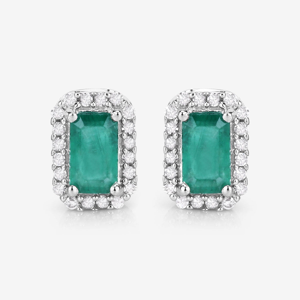 0.91 Carat Genuine Zambian Emerald and White Diamond 14K White Gold Earrings