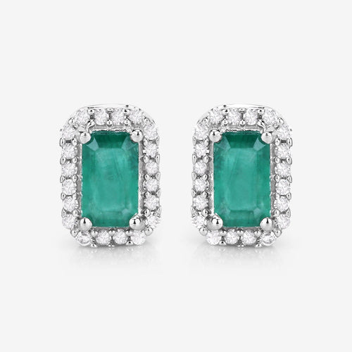0.91 Carat Genuine Zambian Emerald and White Diamond 14K White Gold Earrings
