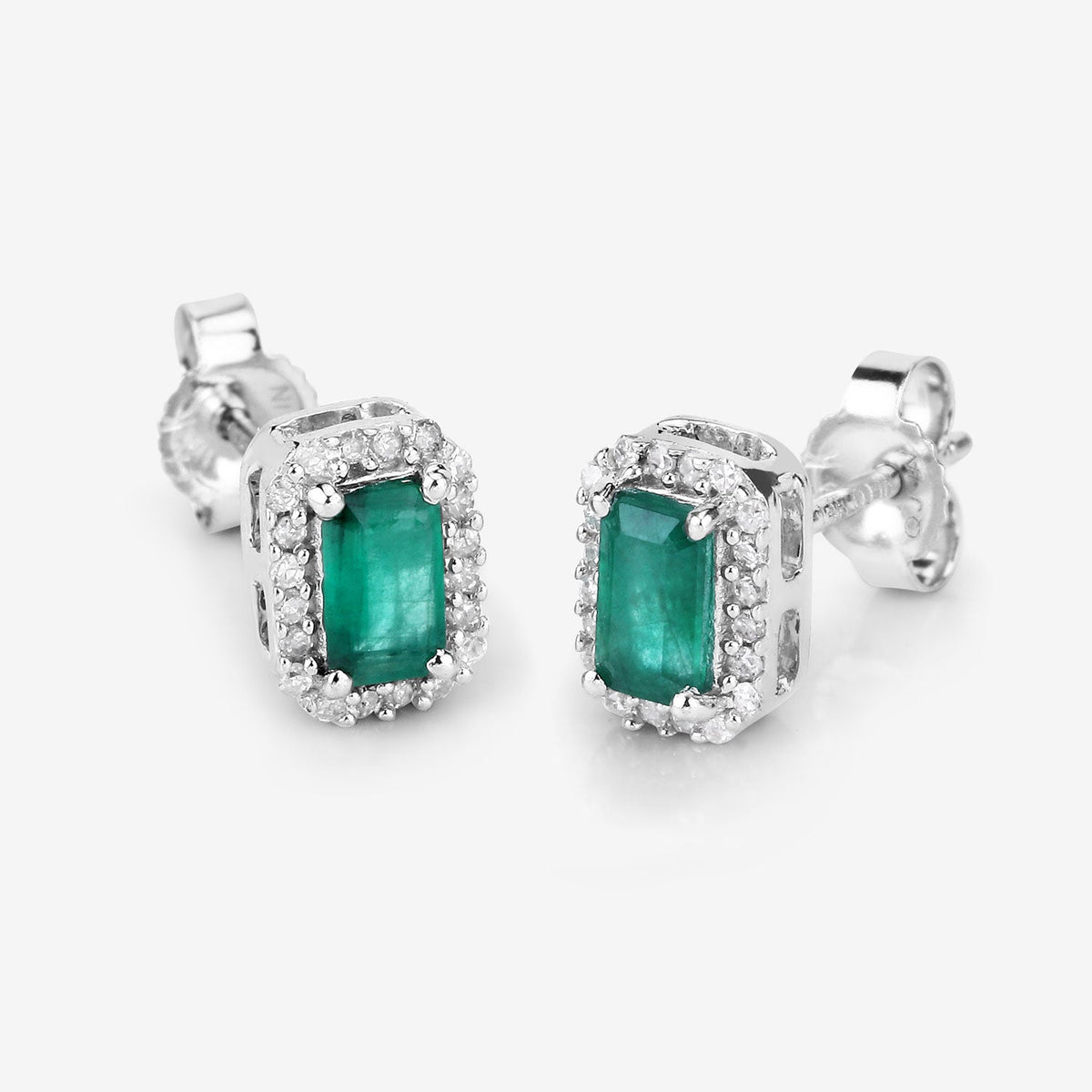 0.91 Carat Genuine Zambian Emerald and White Diamond 14K White Gold Earrings