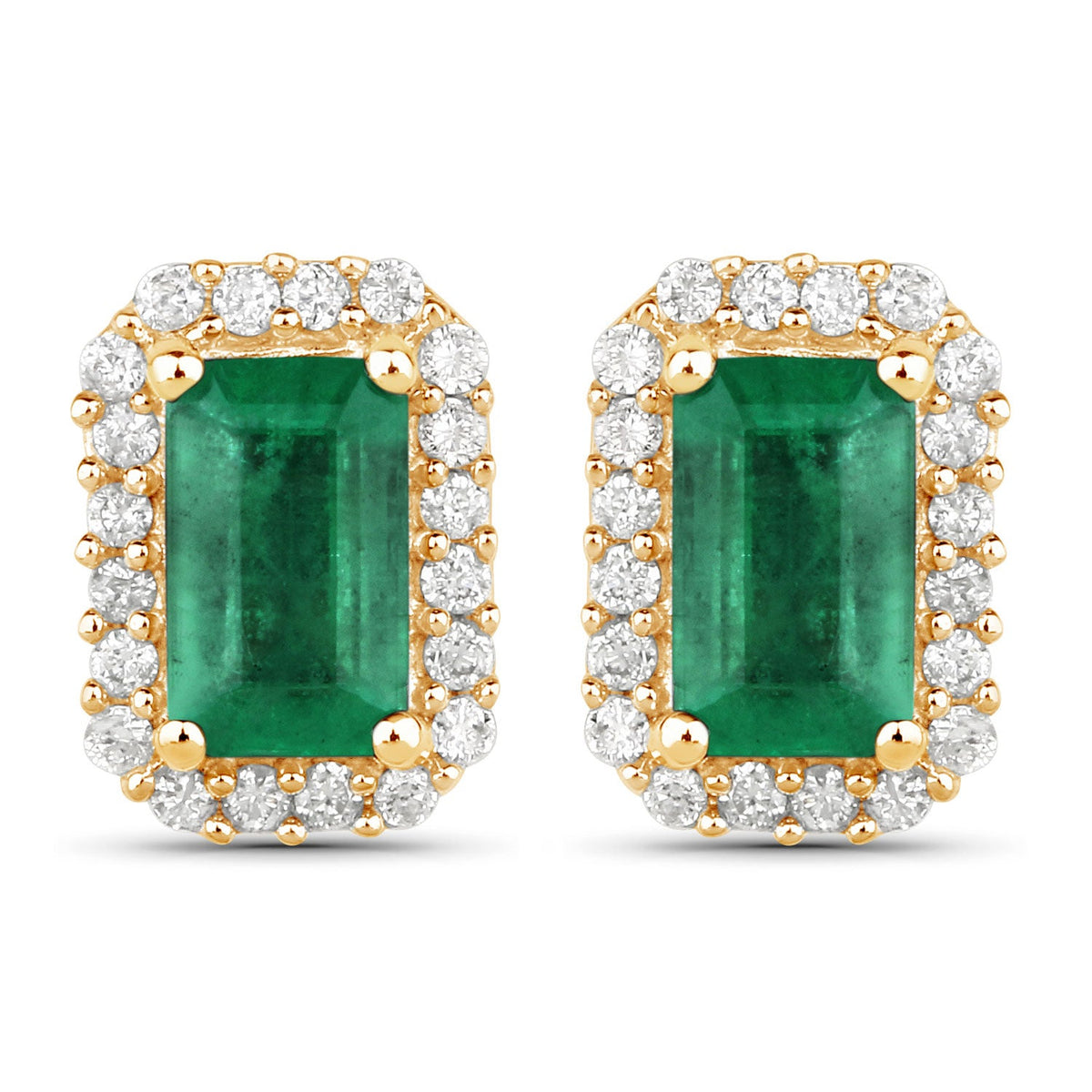 0.91 Carat Genuine Zambian Emerald and White Diamond 14K Yellow Gold Earrings