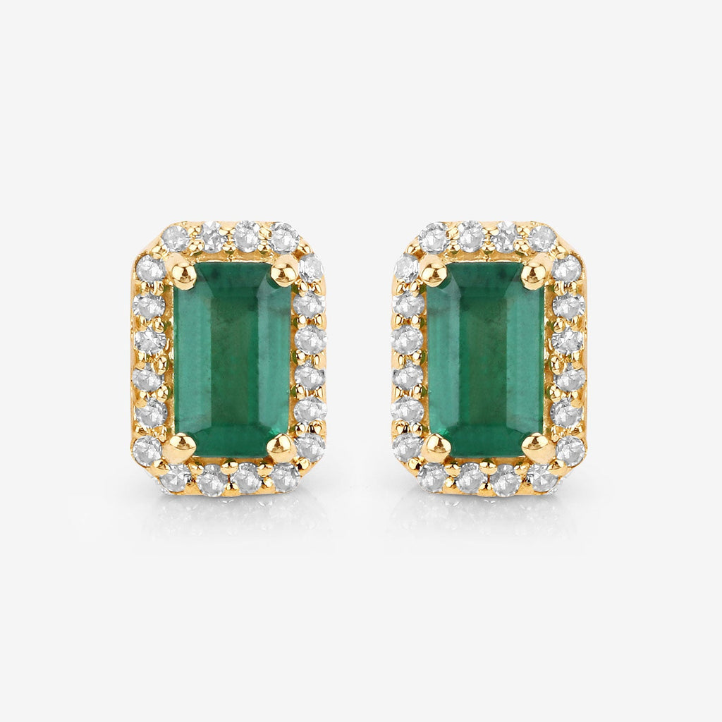0.91 Carat Genuine Zambian Emerald and White Diamond 14K Yellow Gold Earrings