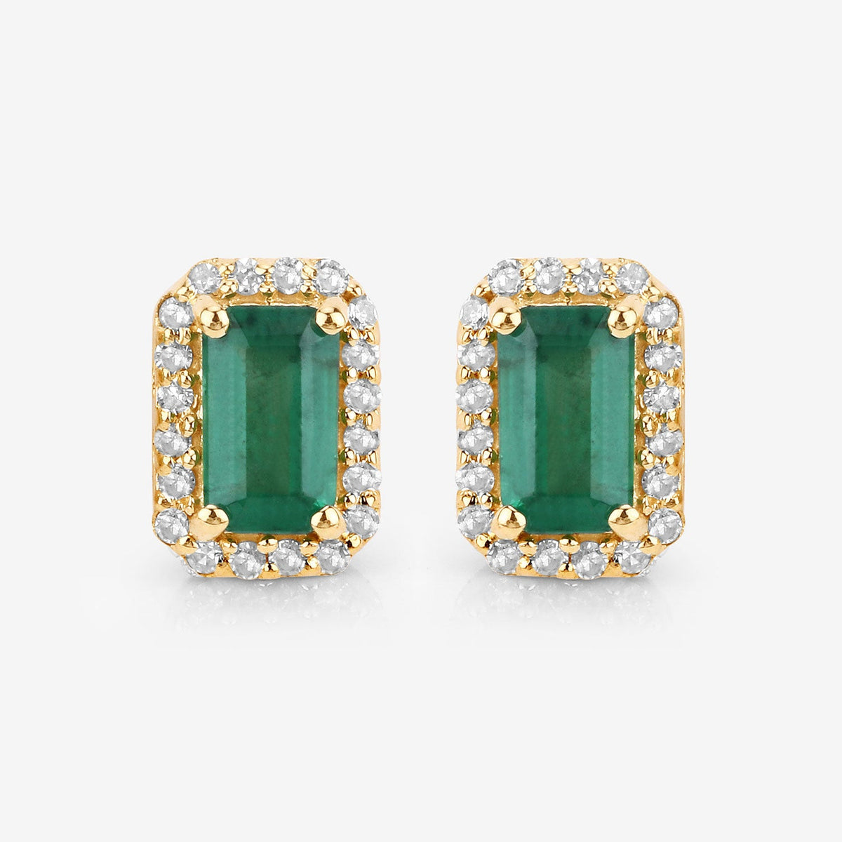 0.91 Carat Genuine Zambian Emerald and White Diamond 14K Yellow Gold Earrings