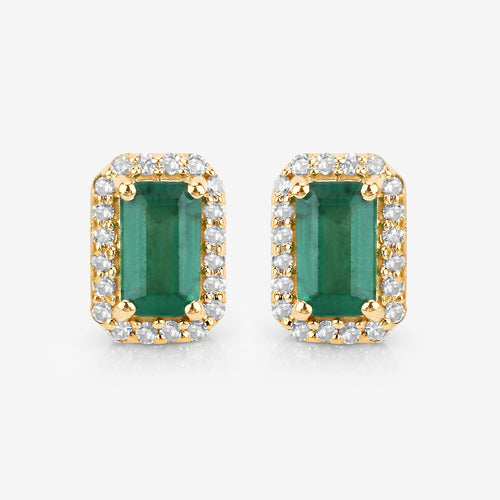 0.91 Carat Genuine Zambian Emerald and White Diamond 14K Yellow Gold Earrings