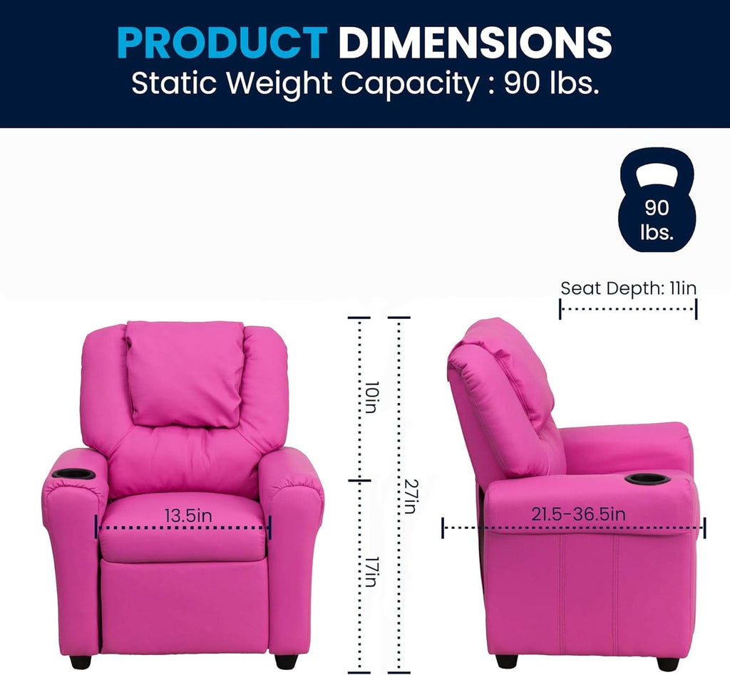 Hot Pink Kids Recliner With Cup Holder Compact Design
