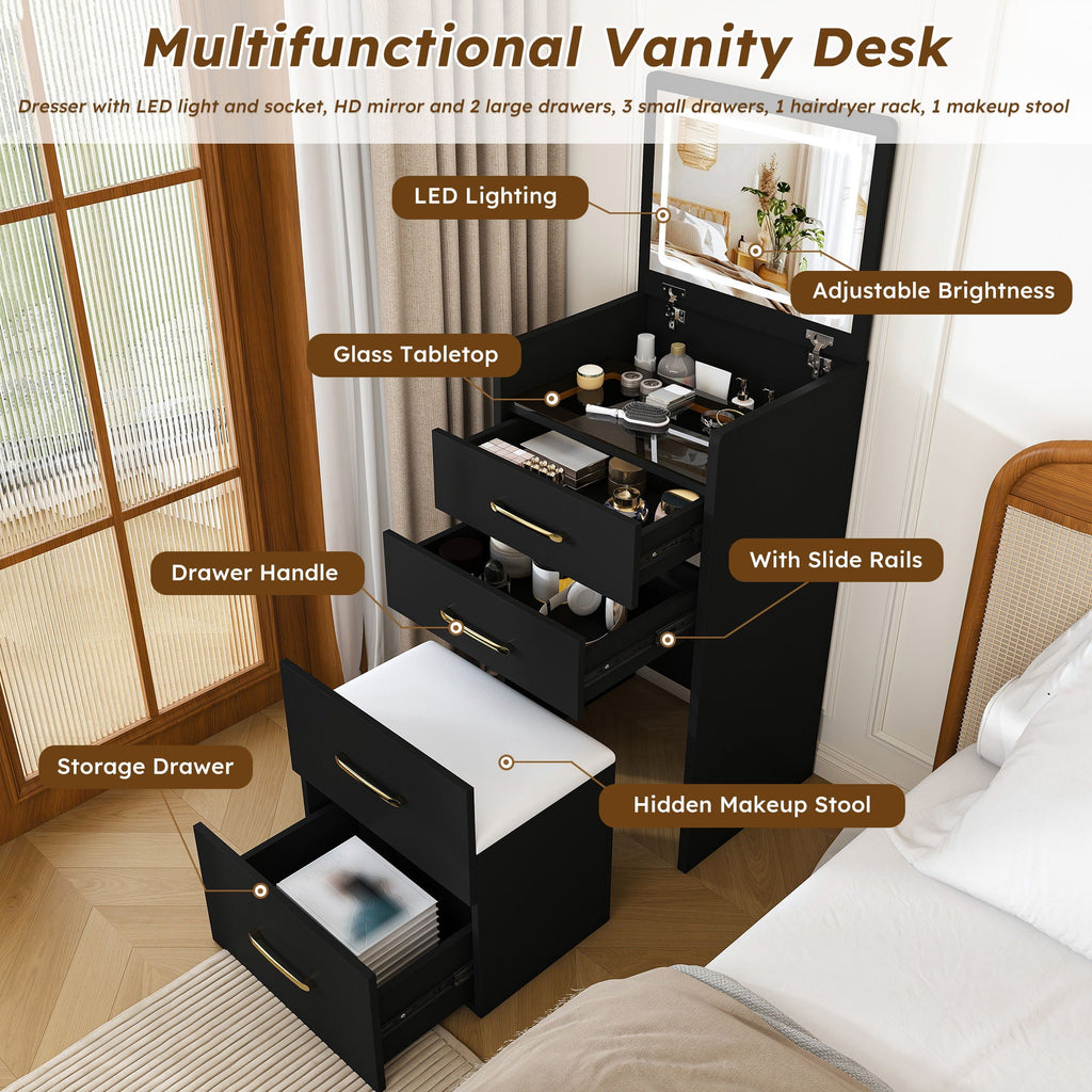 3 In 1 Vanity Desk With Open Top Mirror, Glass Desktop Makeup Set With 3 Drawers, Compact Dressing Table For Bedroom - Black