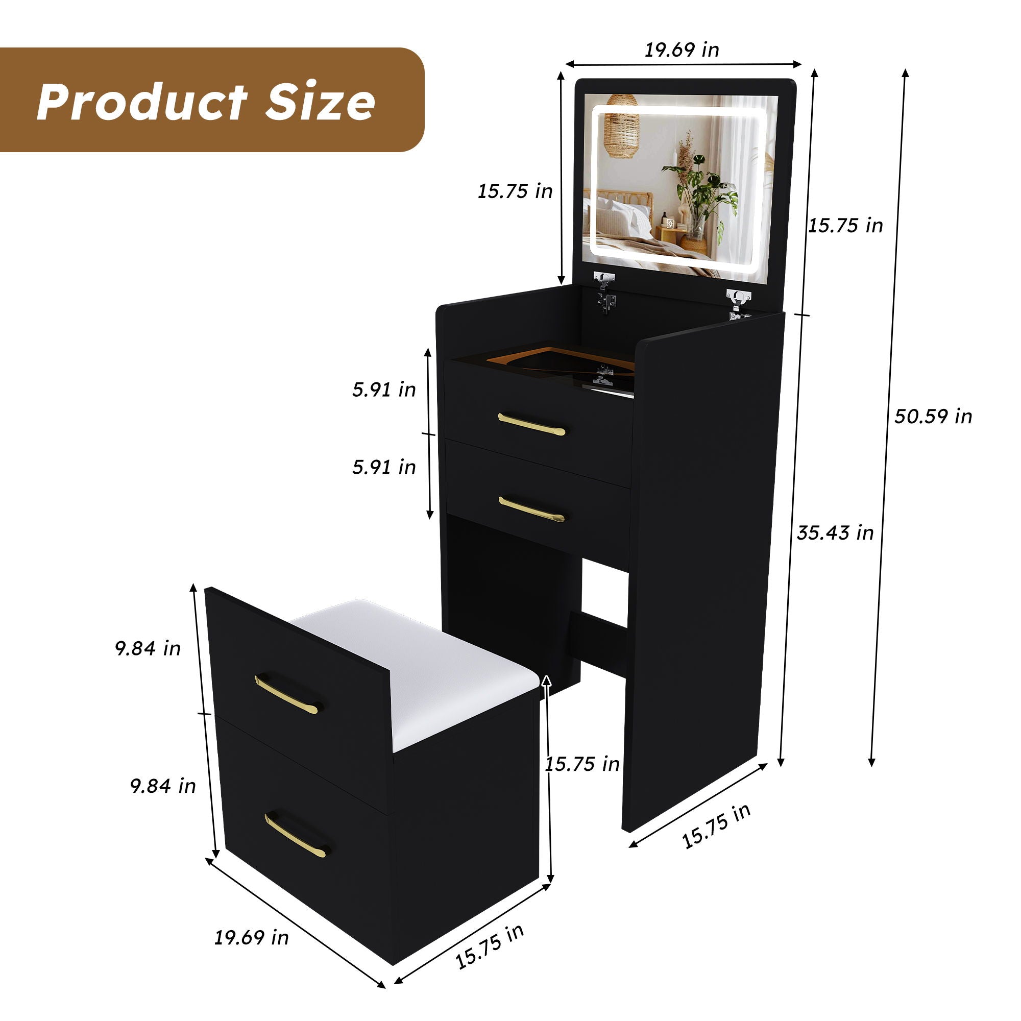 3 In 1 Vanity Desk With Open Top Mirror, Glass Desktop Makeup Set With 3 Drawers, Compact Dressing Table For Bedroom - Black