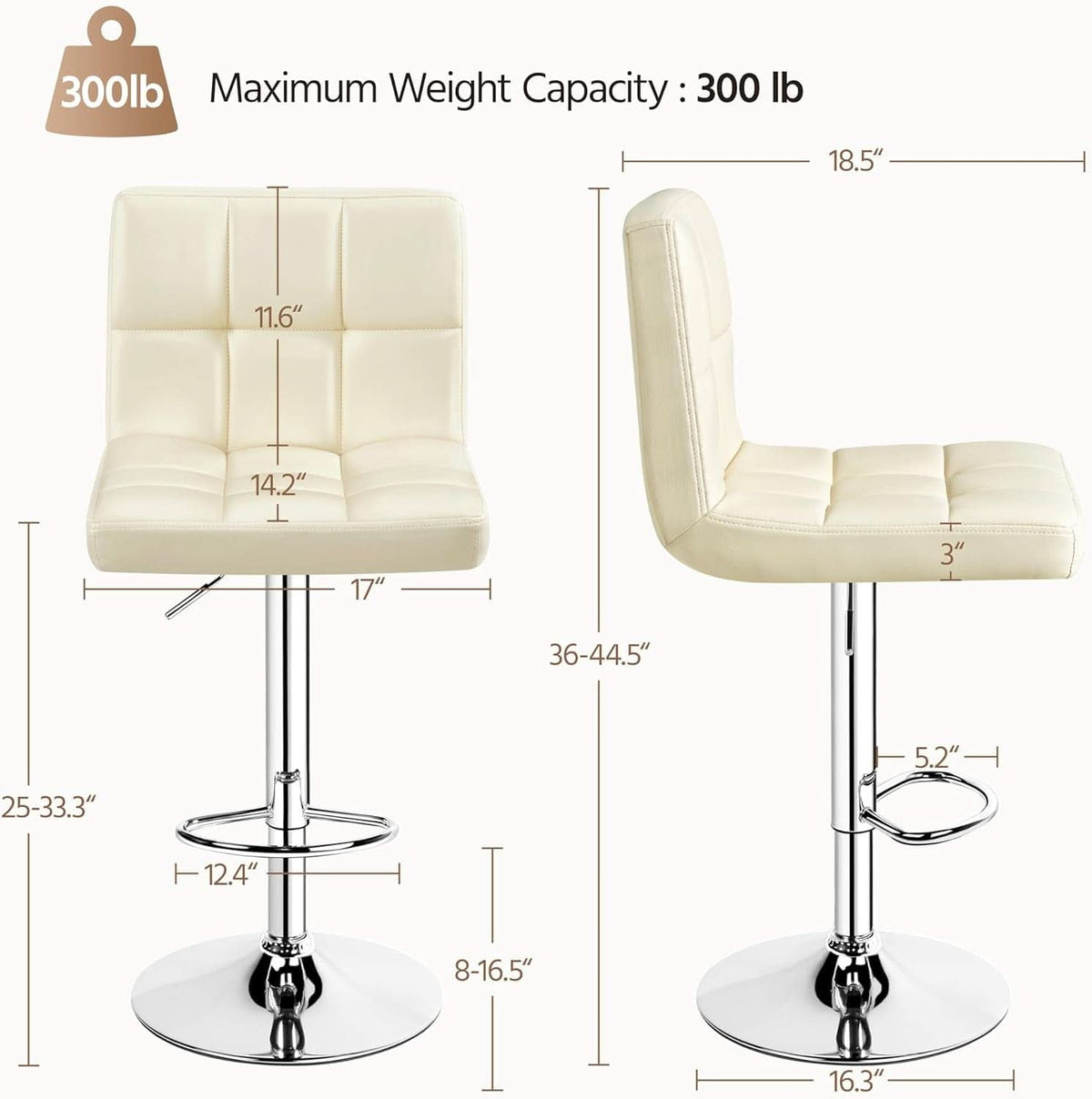 Beige Adjustable PU Leather Swivel Bar Stools Set Of 2