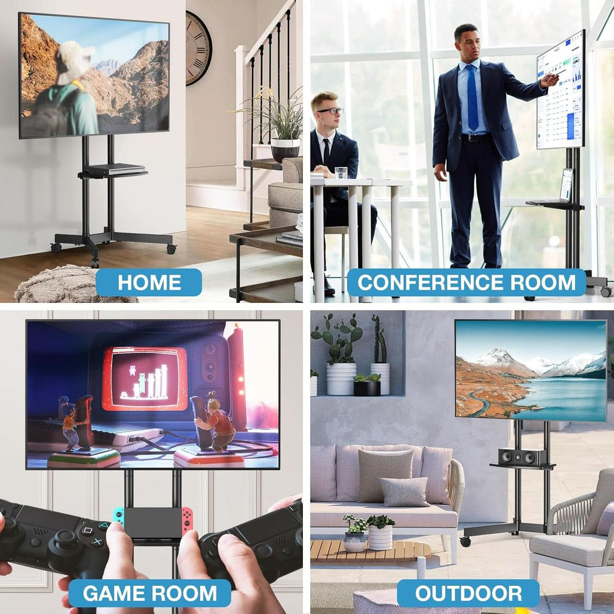 Rolling TV Stand 32-75 Inch With Height Adjustable Shelf