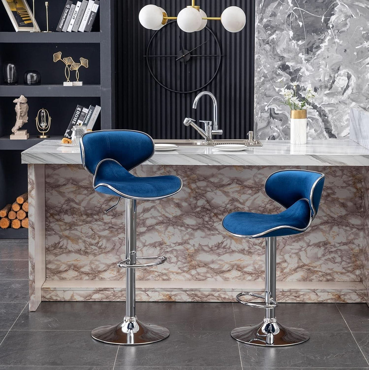Blue Velvet Upholstered Adjustable Swivel Barstool Set Of 2