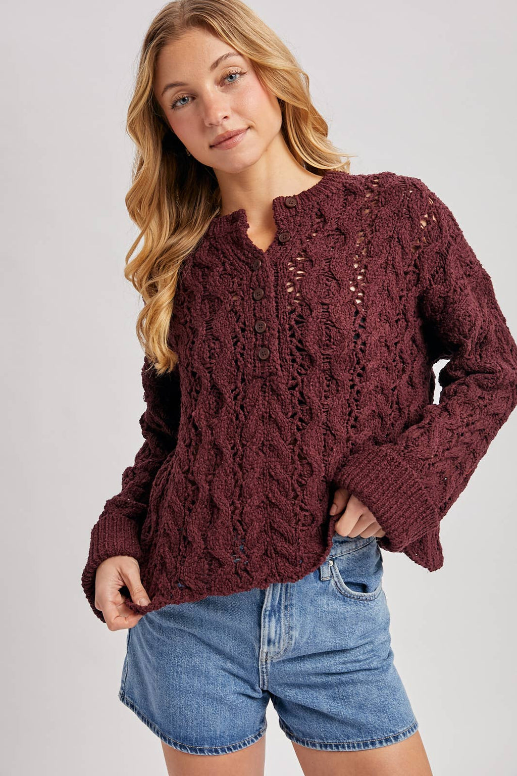 Half-Button Down Open Knit Sweater: ECRU