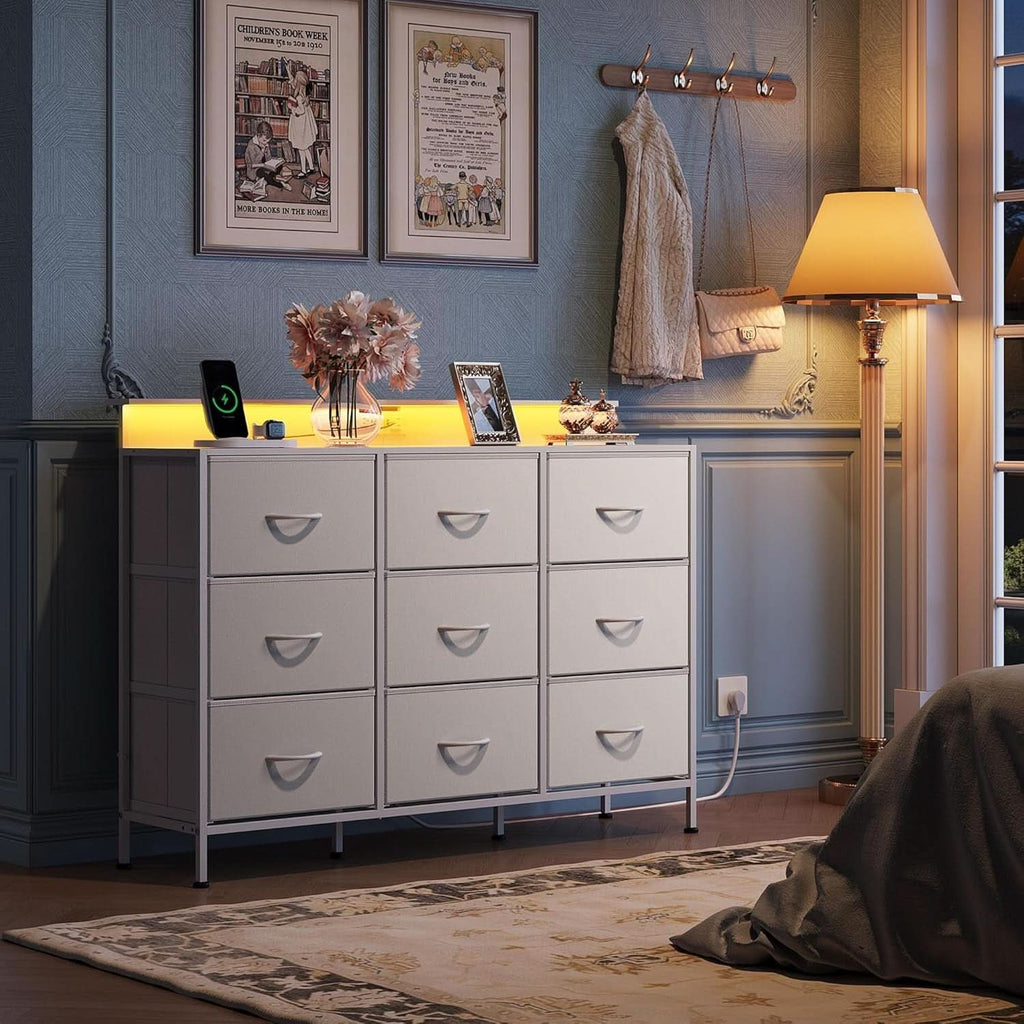 White Dresser TV Stand 55 Inch With LED Lights And Charging