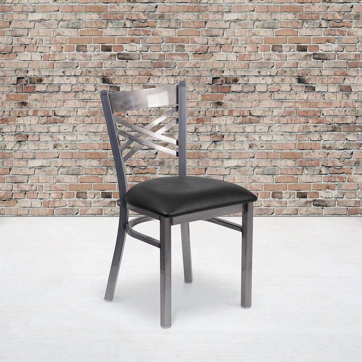 Two Pack Hercules Series Clear Coated X Back Metal Restaurant Chair Black Vinyl Seat