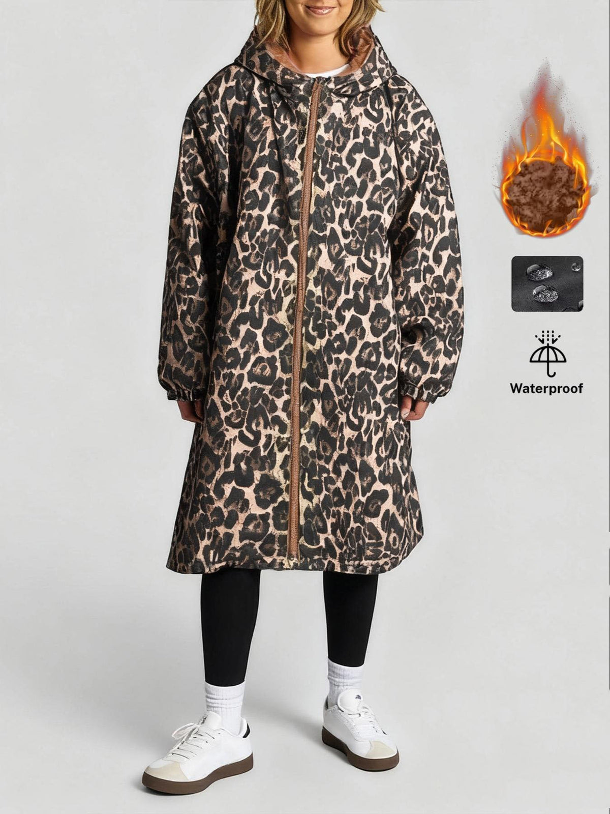 Fleece-lined Hooded Zip-up Leopard-print Coattrench Coat