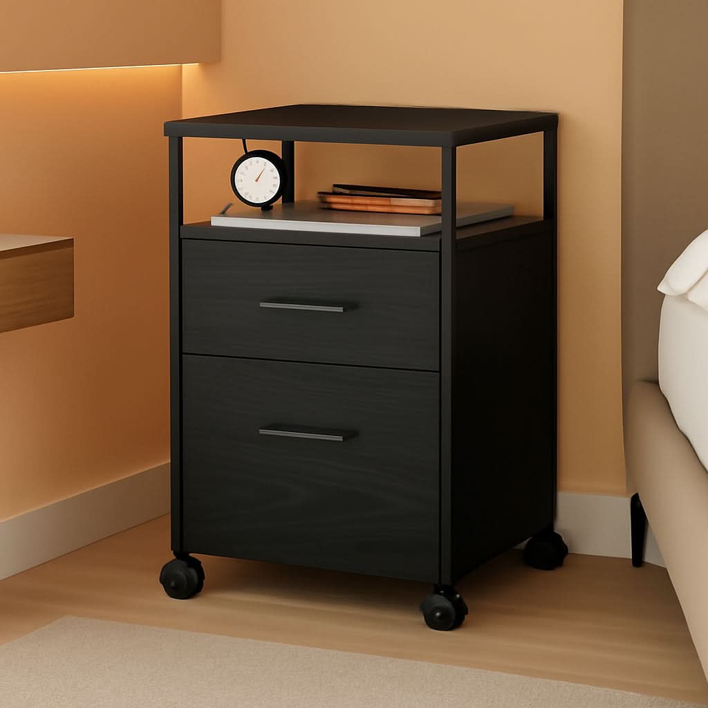 2 Drawer Mobile File Cabinet With Open Storage Shelf Black