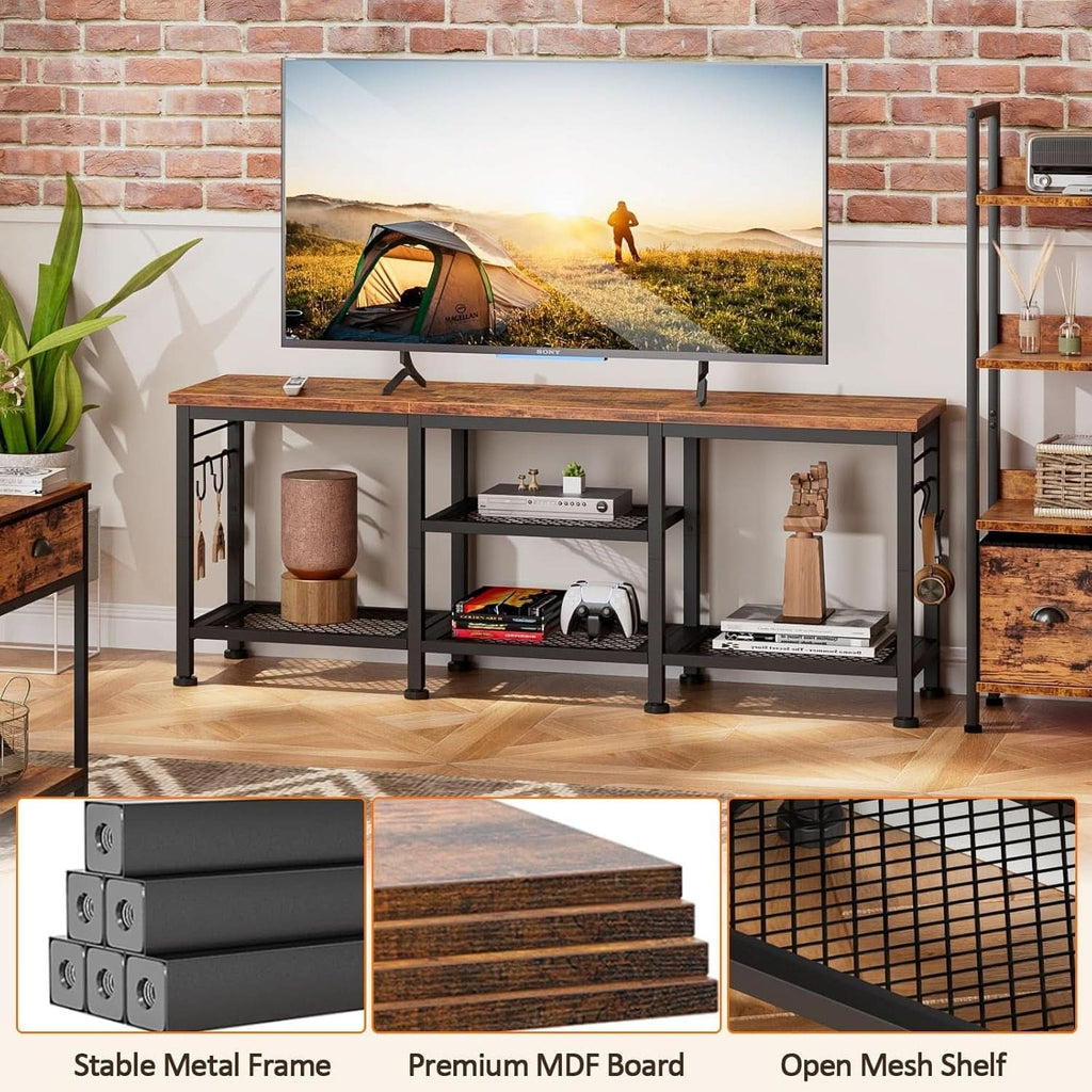 Rustic Brown TV Stand For 55 Inch With Open Storage Shelves