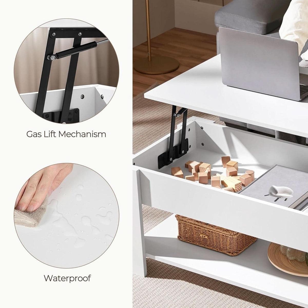 Lift Top Coffee Table With Hidden Compartment And White Finish