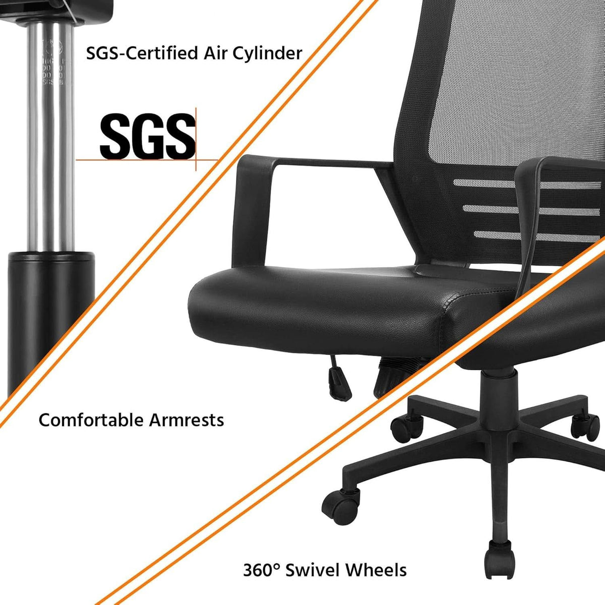 Ergonomic Office Chair Leather Seat Mesh Back Black With Lumbar Support