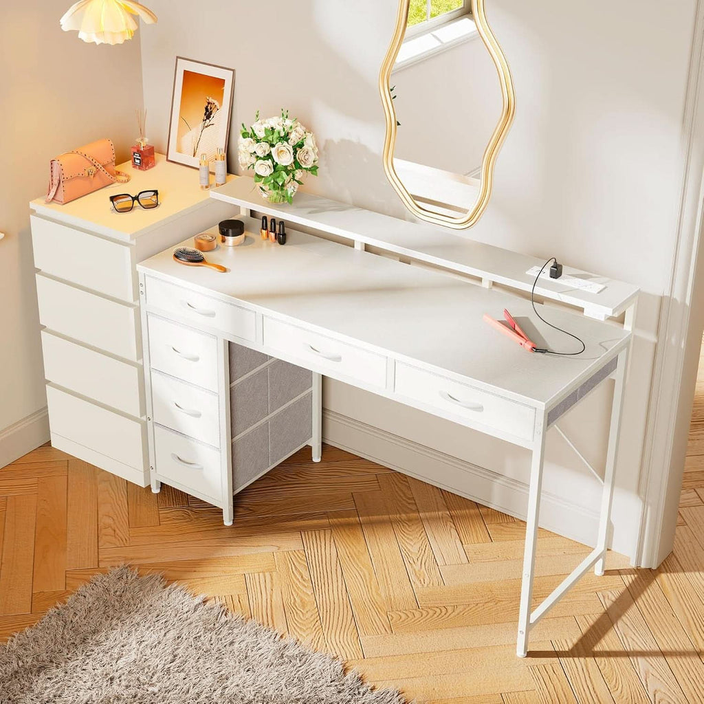 White 47 Inch LED Gaming Desk With 6 Drawers USB Type C