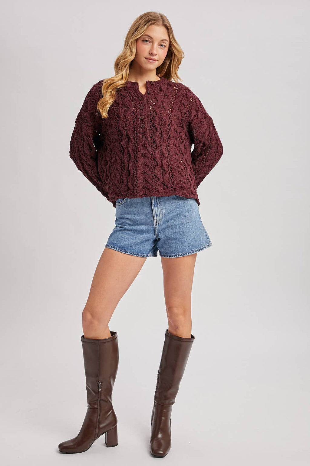 Half-Button Down Open Knit Sweater: ECRU