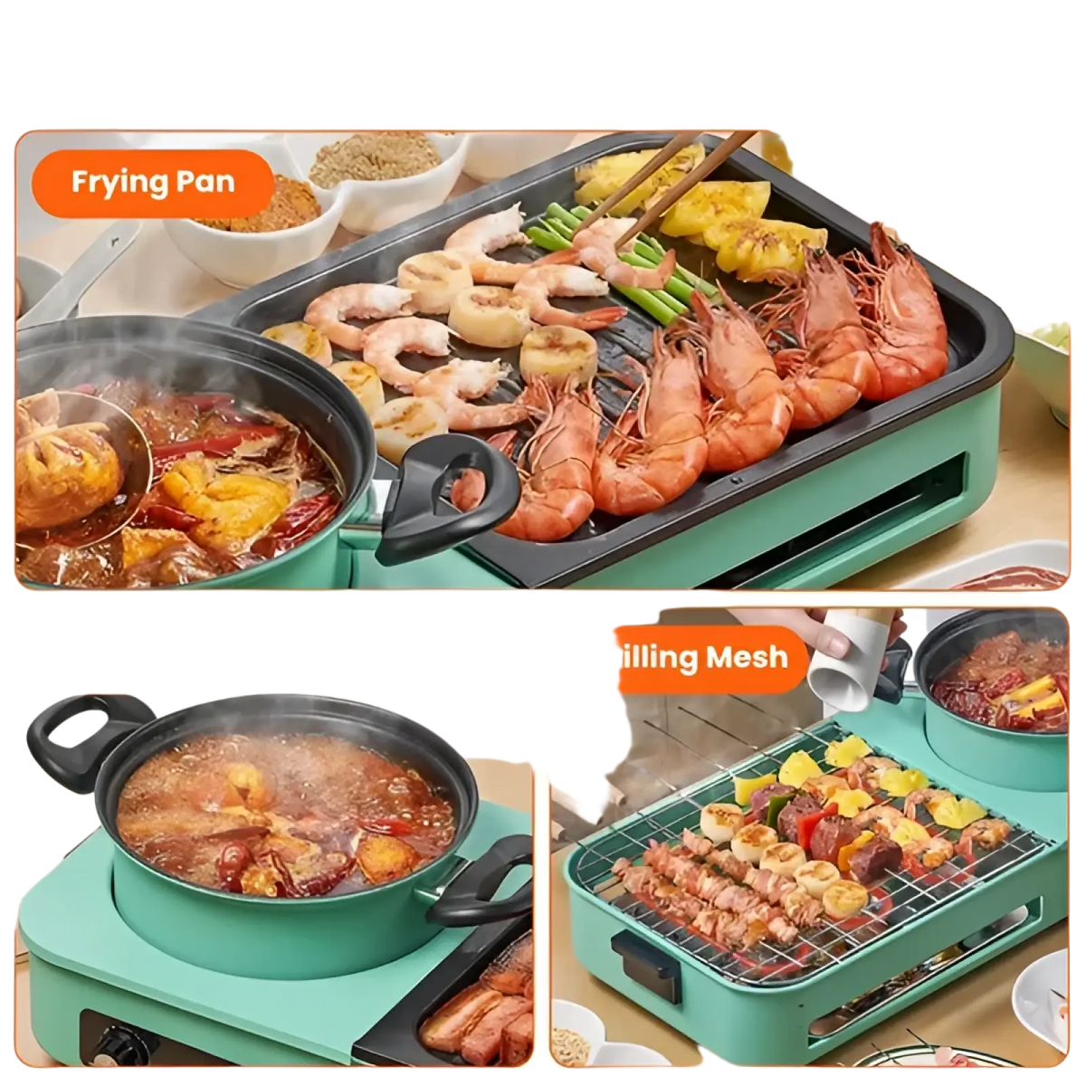Electric Grill and Hot Pot Combo Teal 1600w Multi-cooker