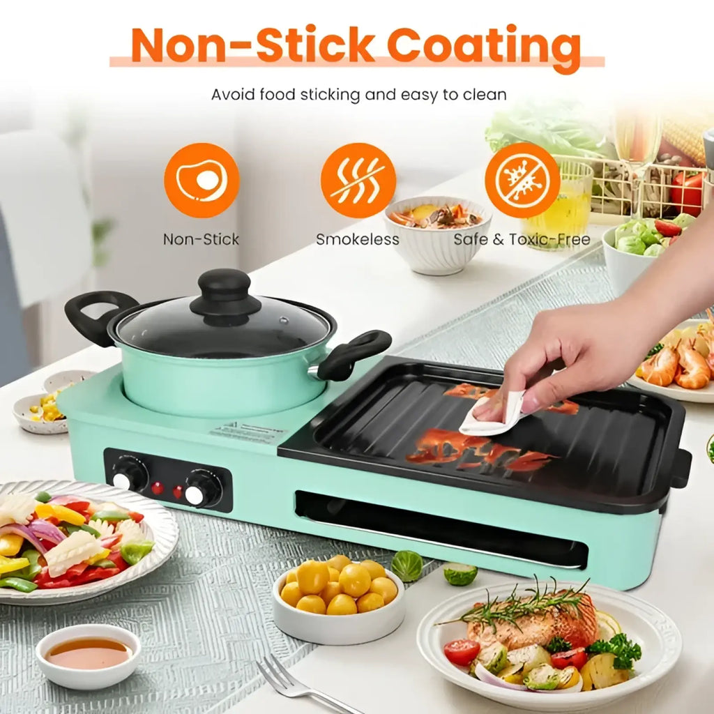 Electric Grill and Hot Pot Combo Teal 1600w Multi-cooker