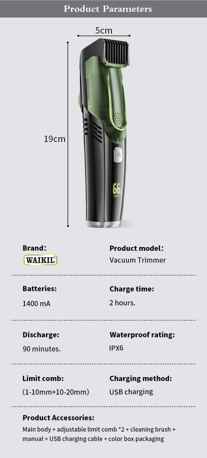 Electric Hair Trimmer with Vacuum and Digital Display