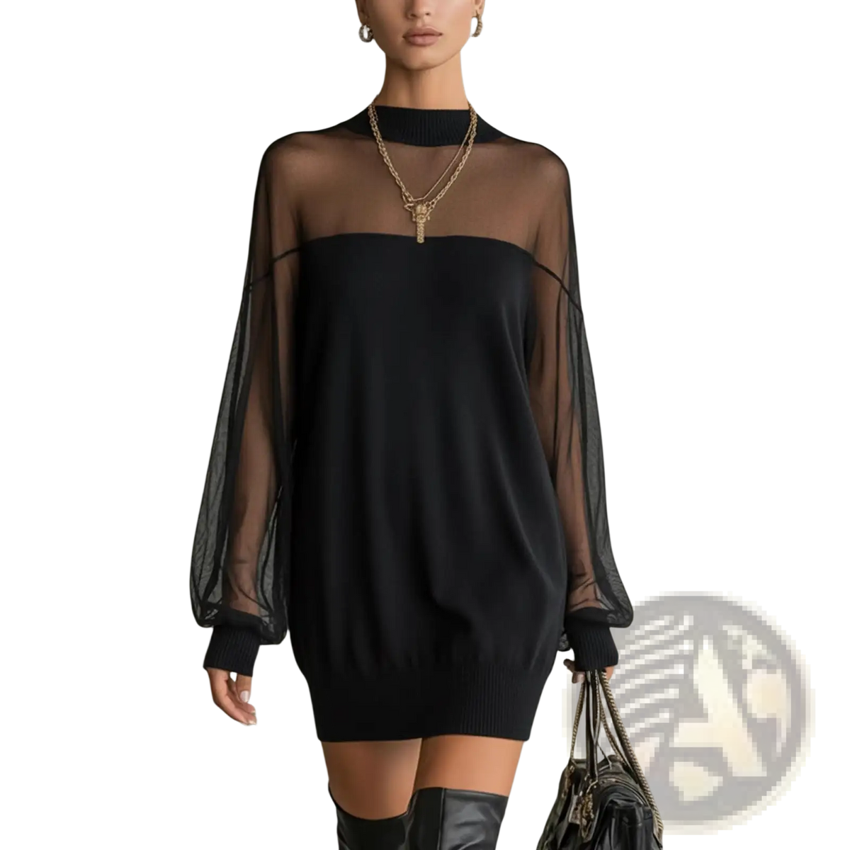Elegant Black Mesh Patchwork Long Sleeve Mini Dress