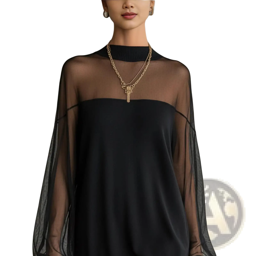 Elegant Black Mesh Patchwork Long Sleeve Mini Dress