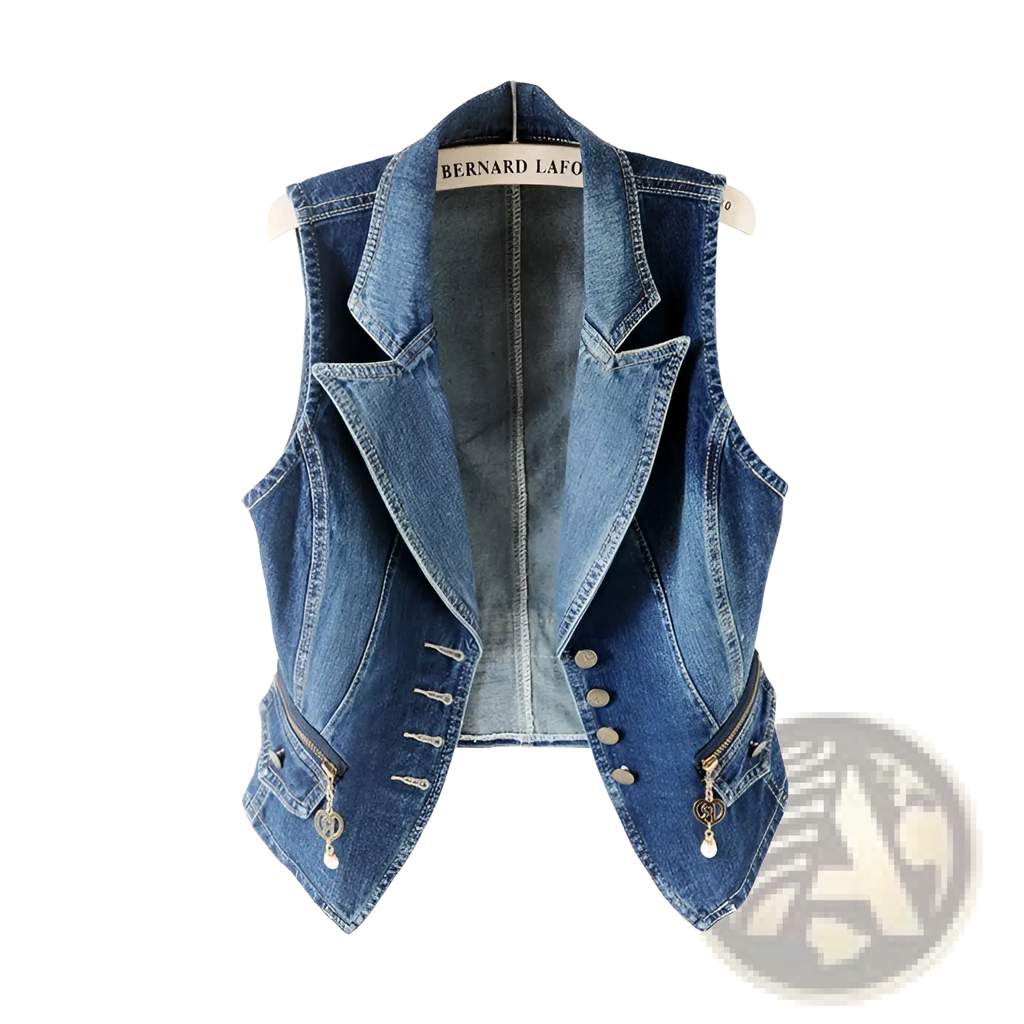 Embellished Tailored Denim Vest with Heart Charm Zipper