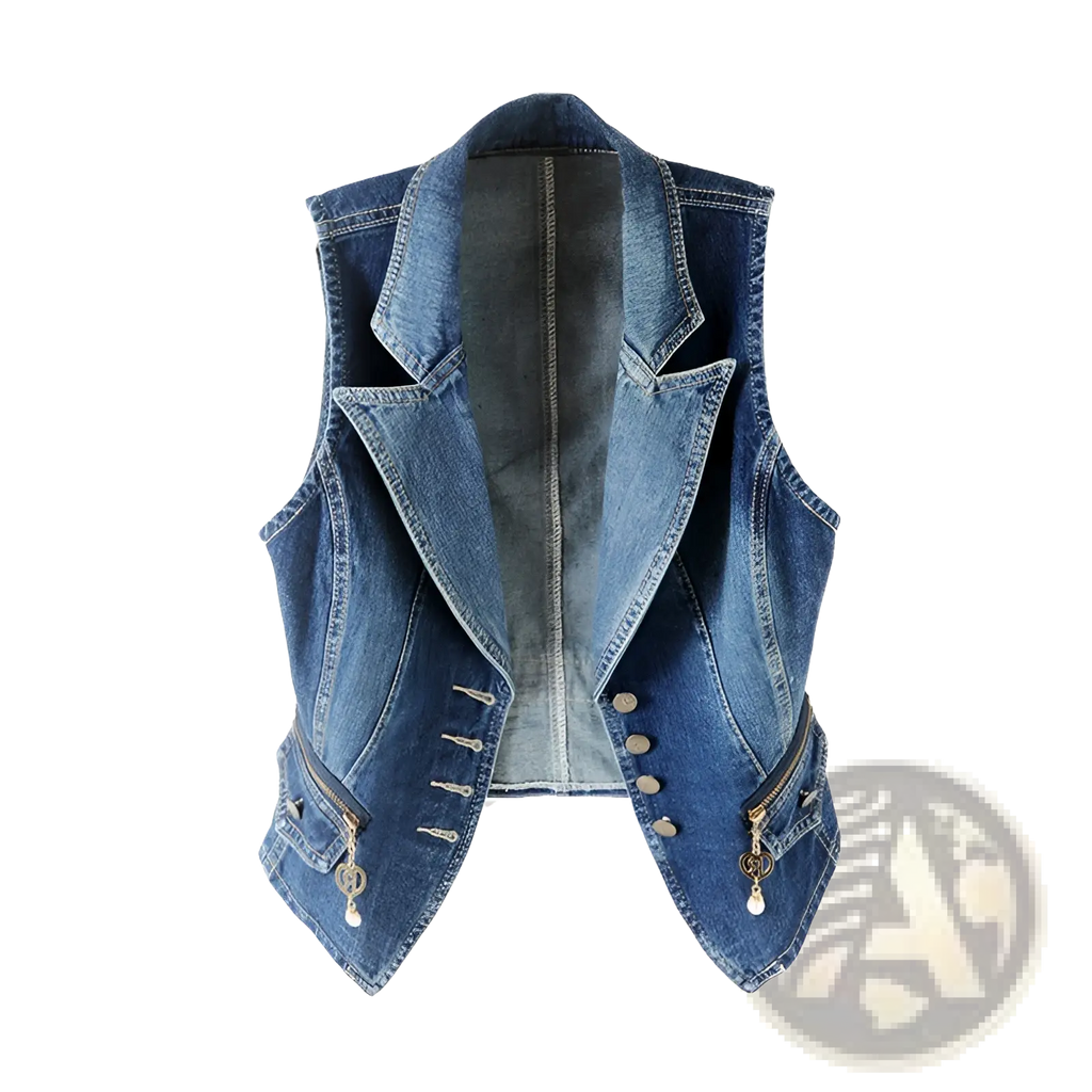 Embellished Tailored Denim Vest with Heart Charm Zipper