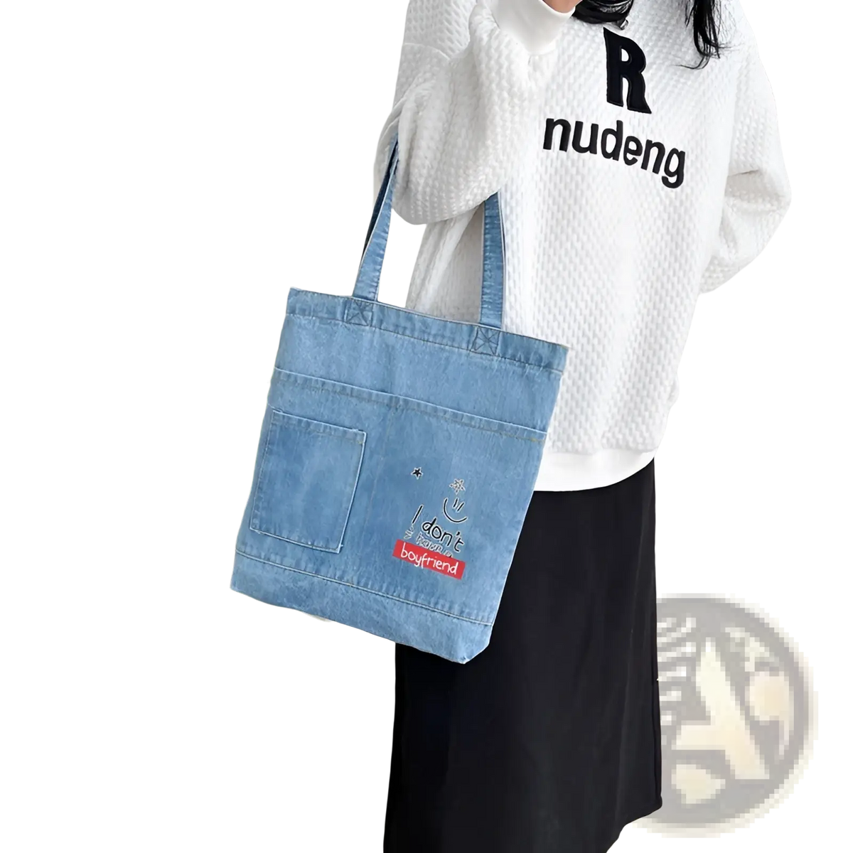 Embroidered Denim Tote Bag with Slogan and Soft Handle