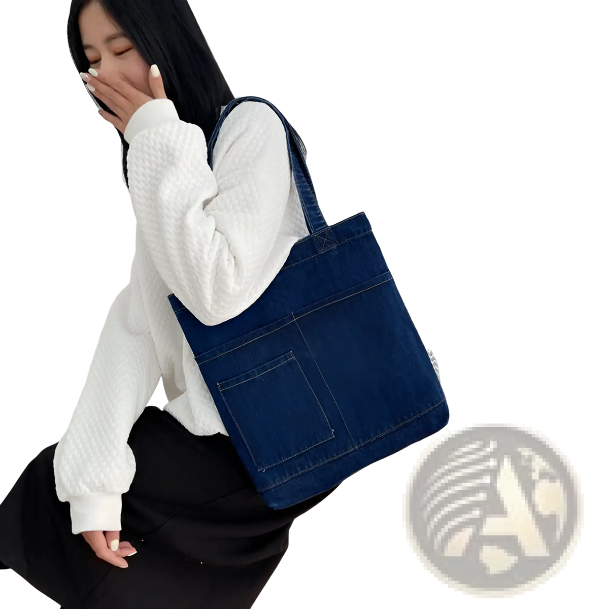 Embroidered Denim Tote Bag with Slogan and Soft Handle